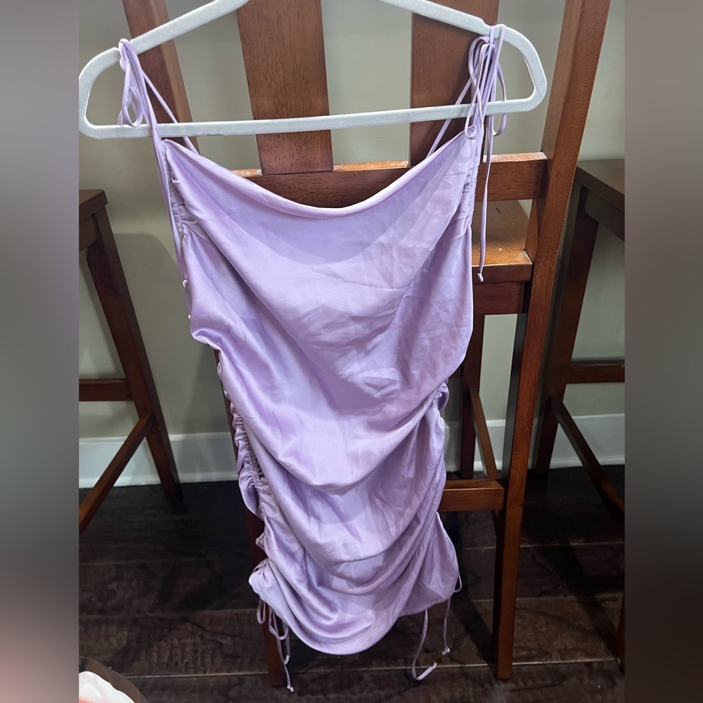 ruched purple adjustable mini or midi dress with tie able straps